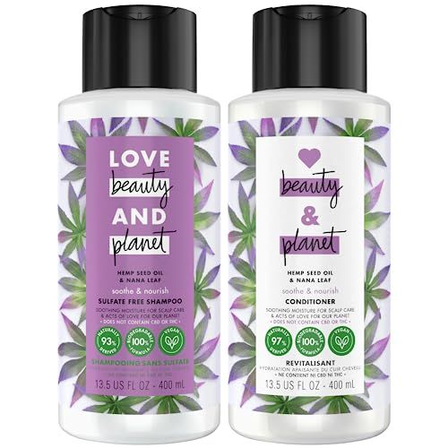 Love Beauty and Planet Shampoo and Conditioner, Hemp Seed Oil &amp; Nana Leaf, Soothe &amp; Nourish - Sulfate-Free Shampoo and Conditioner for Damaged, Dry Hair, Detangler, Scented, 13.5 Oz (2 Piece Set)