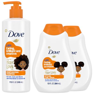 Dove Kids Moisturizing Shampoo + Styling Curl Cream Twin Pack - Hair Love Curly Hair Products for Kids, Coconut Cookie Scent (3 Piece Set)