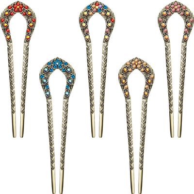 Waydress 5 Pcs Vintage Hair Fork French Hair Pin for Buns Metal Chignon Pin Chopsticks Crystal Rhinestone Double Prong Hairpin Stick U Shaped Bun Accessories for Women(Elegant Pattern)