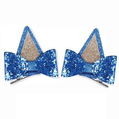 IKUHRMO Blue Ears Hair Clips, 1 Pair Glitter Hair Barrettes for Toddler Girls Birthday Decorations Halloween Costume Cosplay Accessories Party Supplies (Blue)