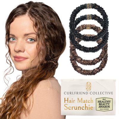 Authentic Mulberry Silk Skinny Hair Match Scrunchies for Women, Anti Breakage Hair Ties for Curly Thick &amp; Thin Hair, No Dent &amp; Pull, 100% Silk for Buns, Sleep &amp; Ponytail, Medium/Deep Brunette (4 Pack)