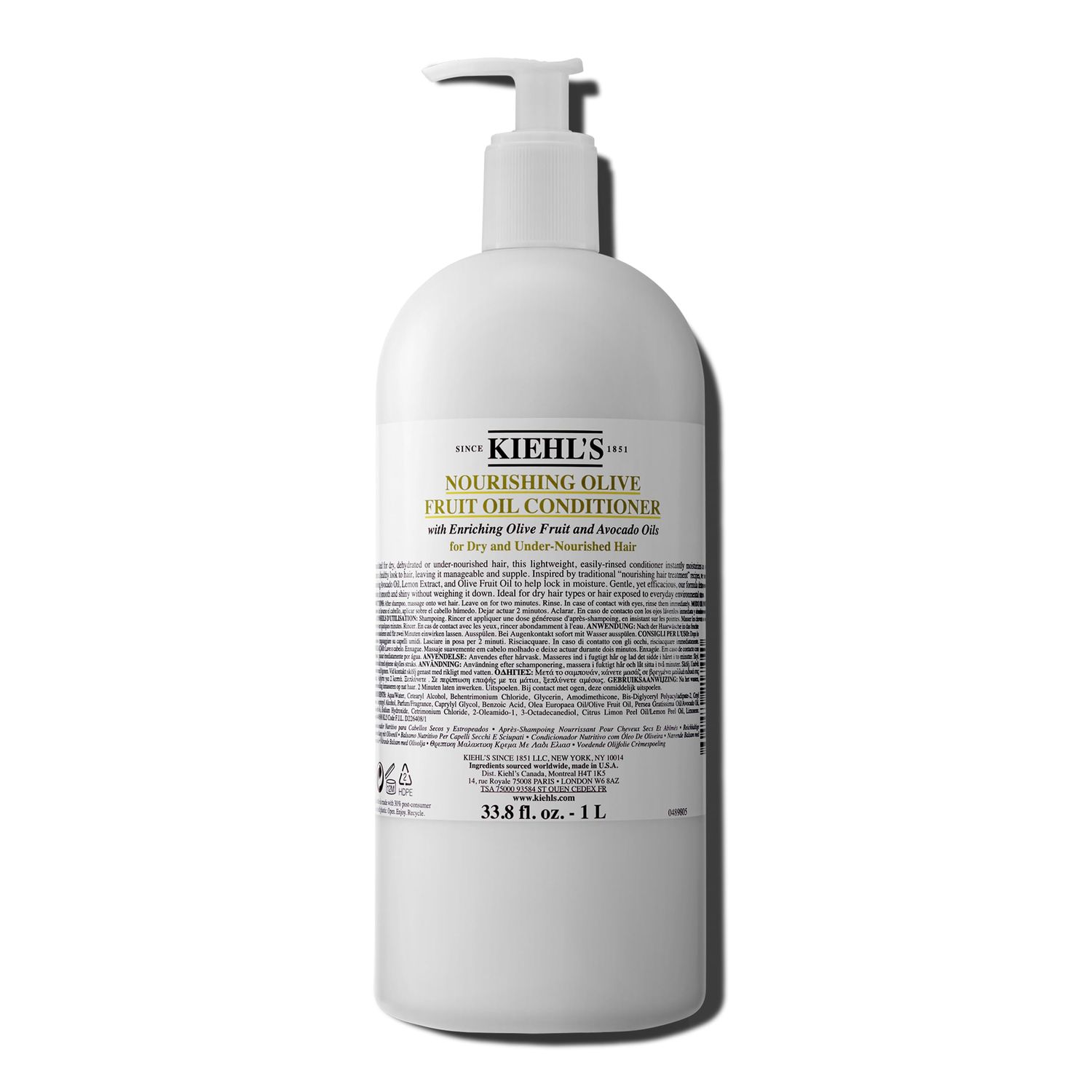 Kiehl&#39;s Nourishing Olive Fruit Oil Conditioner, Moisturizing Hair Conditioner for Dry &amp; Damaged Hair, Promotes Shine, Helps Detangle, Lightweight Formula, with Avocado Oil - 33.8 fl oz /1 Liter