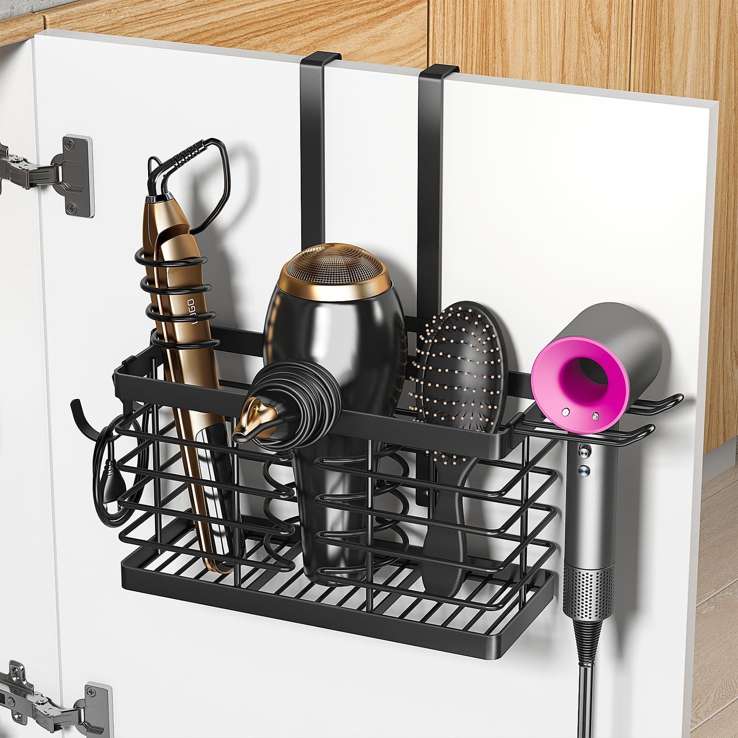 Sevenblue Hair Tool Organizer, 3-in-1 Universal Hair Dryer Holder, Adjustable Height Metal Blow Dryer Holder Wall Mounted/Over Cabinet Door, for Flat/Curling Irons