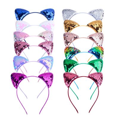 KIUSOWAYD 12 Cat Ear Headbands, Sequin Headwear Hair Band Party Decoration Cosplay for Girls Women