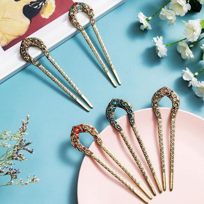 Waydress 5 Pcs Vintage Hair Fork French Hair Pin for Buns Metal Chignon Pin Chopsticks Crystal Rhinestone Double Prong Hairpin Stick U Shaped Bun Accessories for Women(Elegant Pattern)