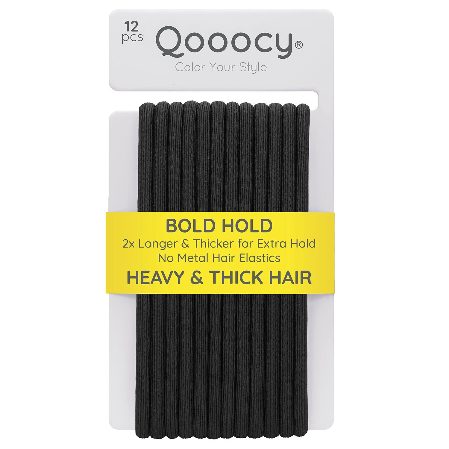 Qooocy Extra Long Hair Tie for Thick and Curly Hair - Elastic Ponytail Holders for Women or Men, No Metal Bands, Long-Lasting Braids Accessories, 12 Count, Black