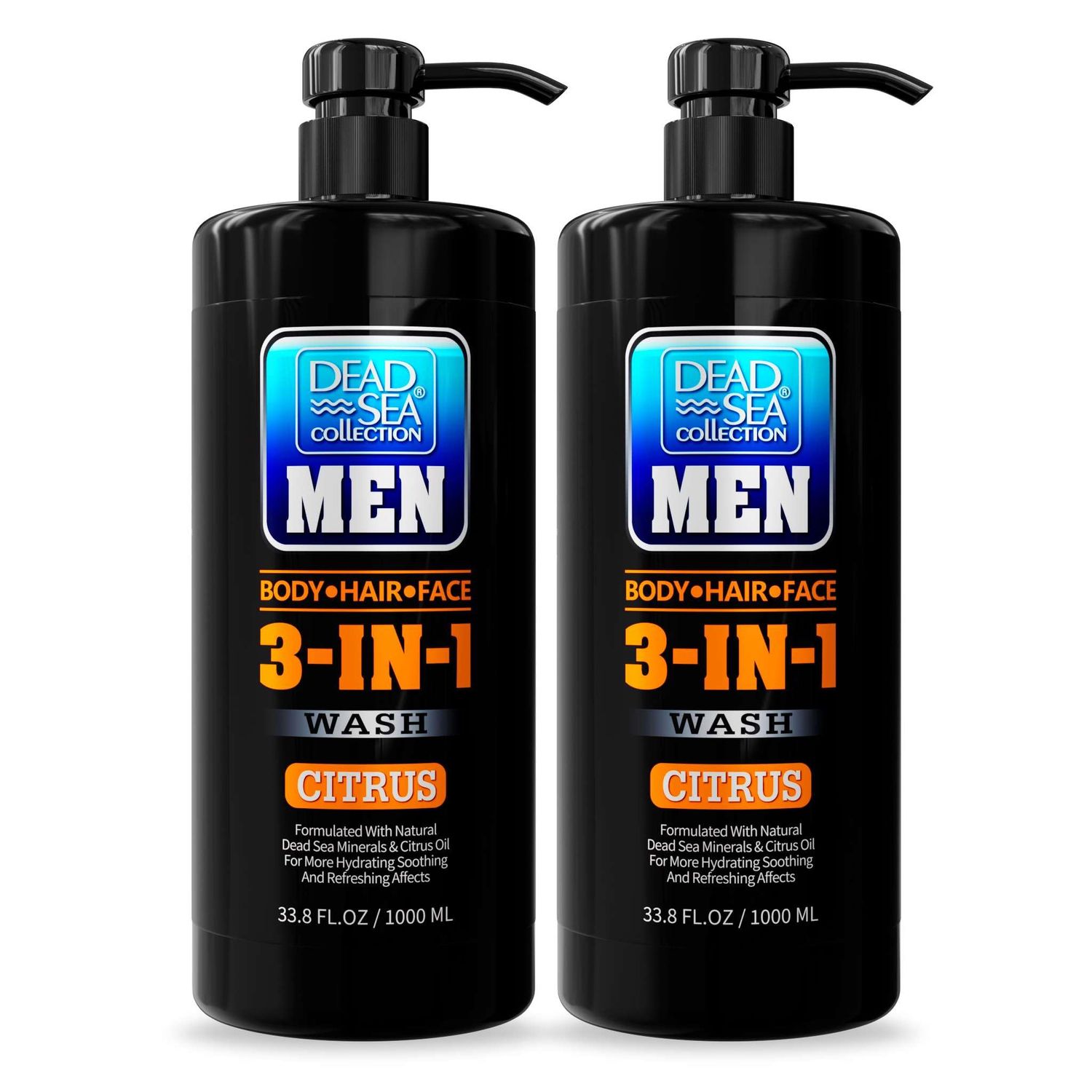 Dead Sea Collection Mens Body Wash 3 in 1 - Citrus Body Wash for Men - Shower Gel - Shampoo - Shower Soap for Face and Hair - Pack of 2 Bottles (33.8 Fl. Oz. Each)