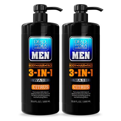 Dead Sea Collection Mens Body Wash 3 in 1 - Citrus Body Wash for Men - Shower Gel - Shampoo - Shower Soap for Face and Hair - Pack of 2 Bottles (33.8 Fl. Oz. Each)