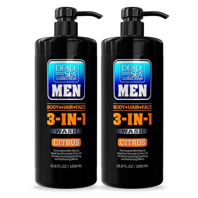 Dead Sea Collection Mens Body Wash 3 in 1 - Citrus Body Wash for Men - Shower Gel - Shampoo - Shower Soap for Face and Hair - Pack of 2 Bottles (33.8 Fl. Oz. Each)