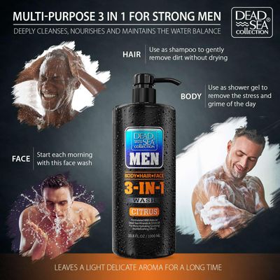 Dead Sea Collection Mens Body Wash 3 in 1 - Citrus Body Wash for Men - Shower Gel - Shampoo - Shower Soap for Face and Hair - Pack of 2 Bottles (33.8 Fl. Oz. Each)