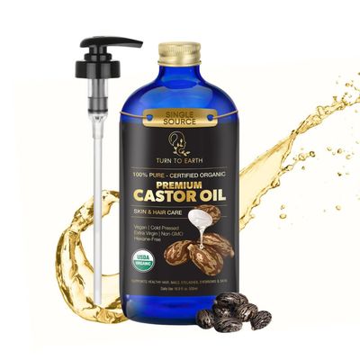Organic Castor Oil, Cold Pressed, Glass Bottle, USDA Certified Premium Organic Castor Oil, Unrefined, Hexane Free, for Hair Growth, Radiant Skin, Eyebrows, Eyelashes and Fuller Hair, 16.9oz with Pump
