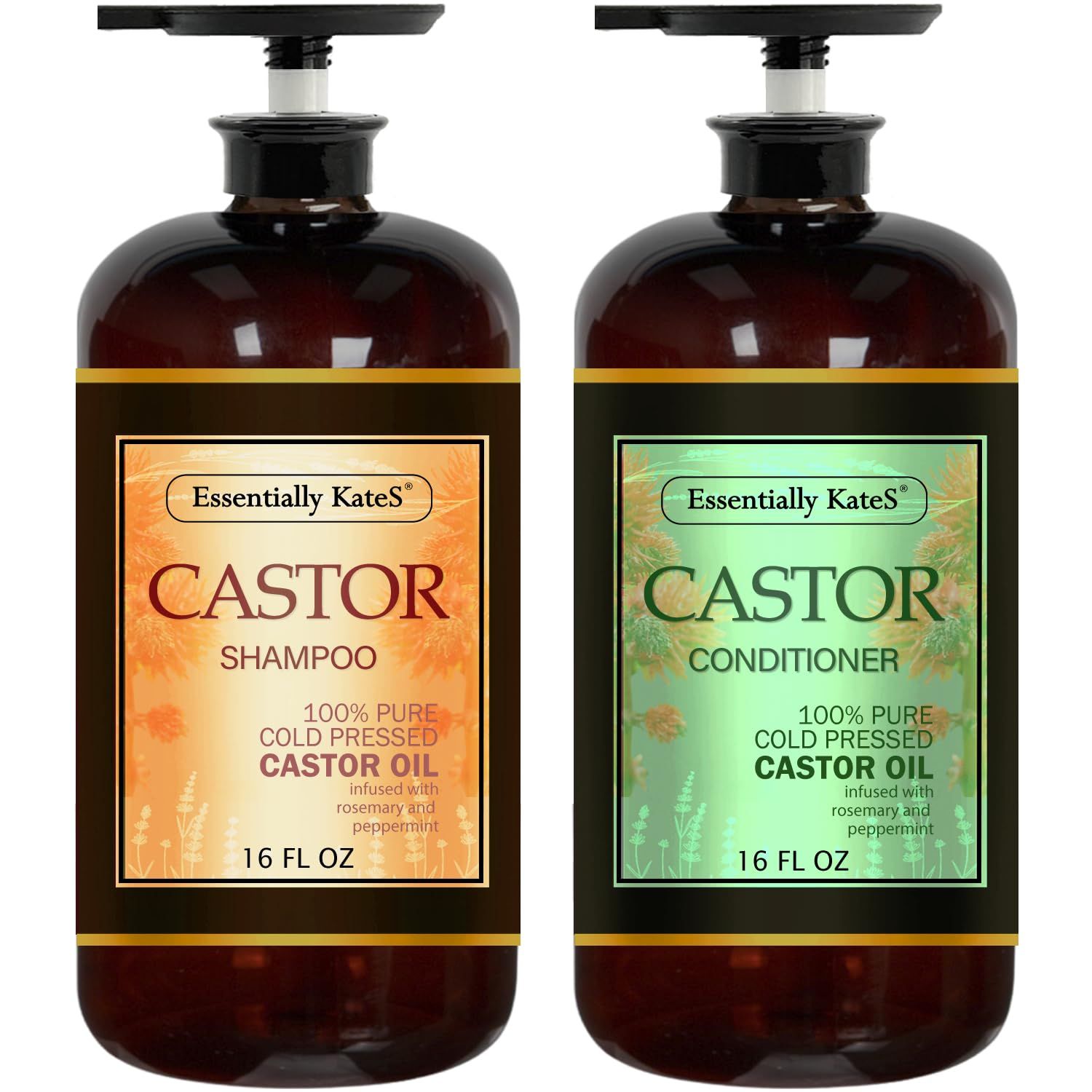 Essentially KateS Castor Oil Rosemary Mint Shampoo and Conditioner 16 Fl Oz Set, Pack of 2 - Helps Thicker and Healthy Looking Hair - Sulfate &amp; Paraben Free