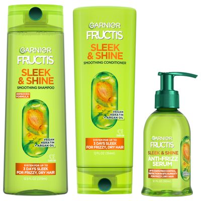 Garnier Fructis Sleek &amp; Shine Shampoo, Conditioner + Anti-Frizz Serum Set for Frizzy, Dry Hair, Argan Oil (3 Items), 1 Kit (Packaging May Vary)