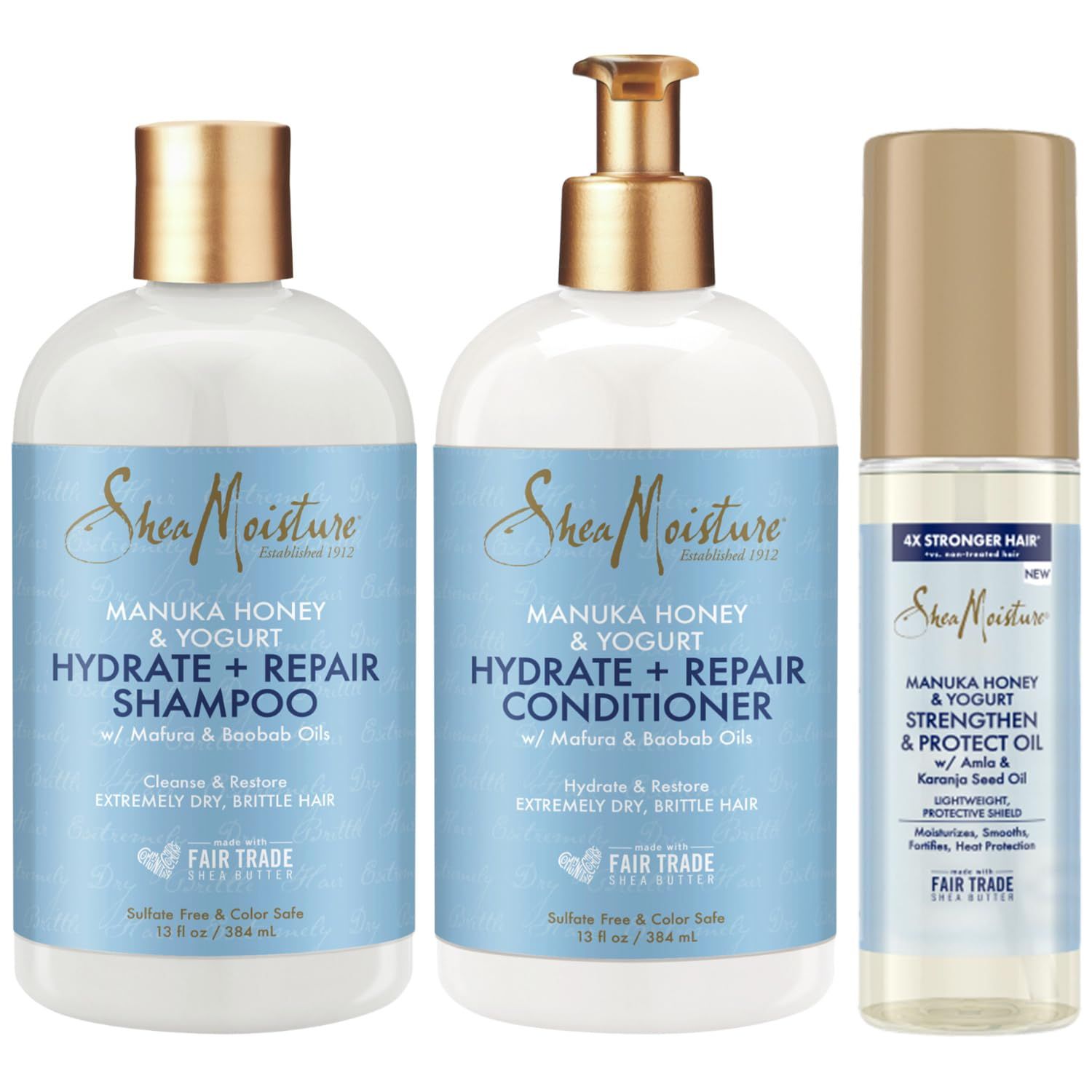 Shea Moisture Shampoo &amp; Conditioner Set + Strengthen &amp; Protect Oil Gift Set -?Manuka Honey &amp; Yogurt Hydrate + Repair, Hair Treatment for Dry, Damaged Hair (3 Piece Set)