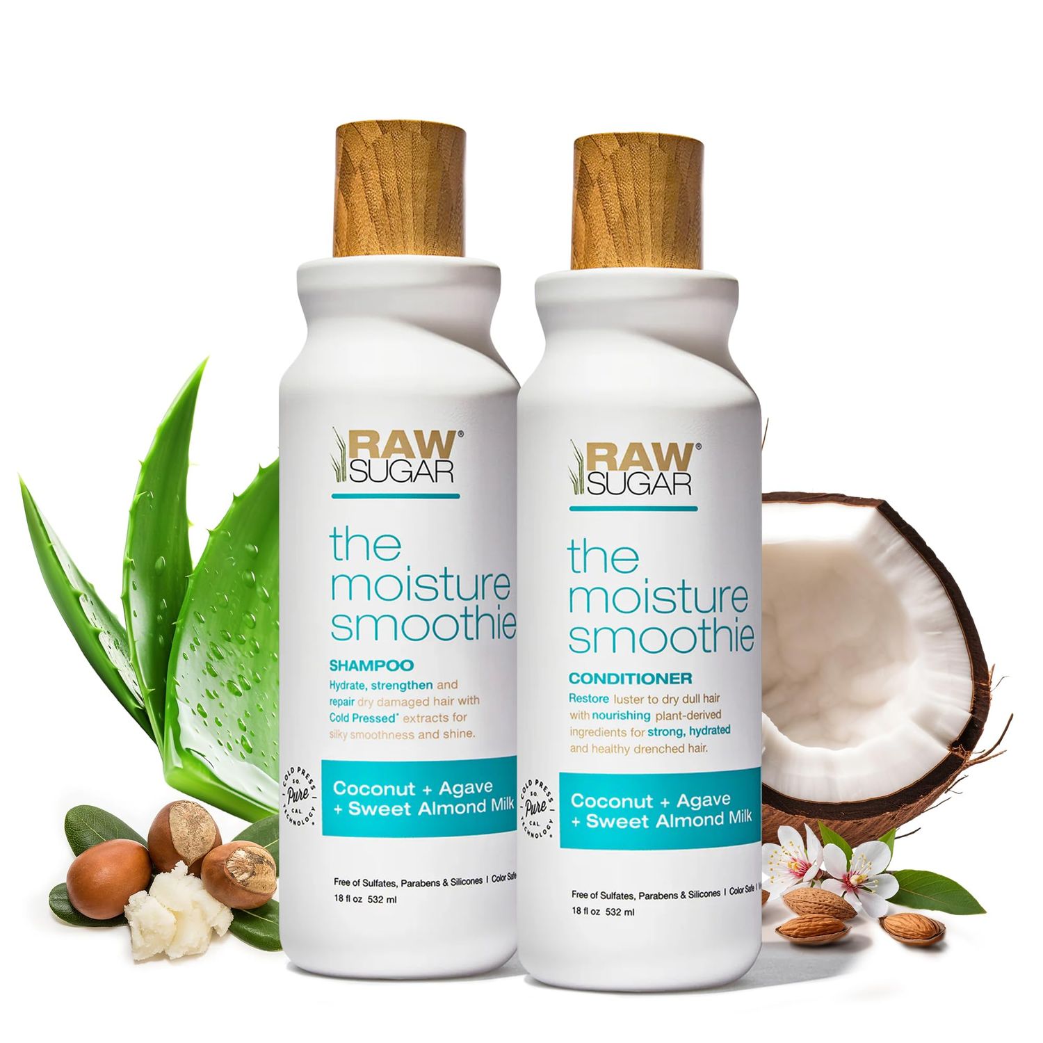 Raw Sugar Moisture Smoothie Shampoo and Conditioner with Coconut Oil, Agave, &amp; Sweet Almond Milk, Hydrates &amp; Nourishes Dry Hair, Formulated without Sulfates + Parabens