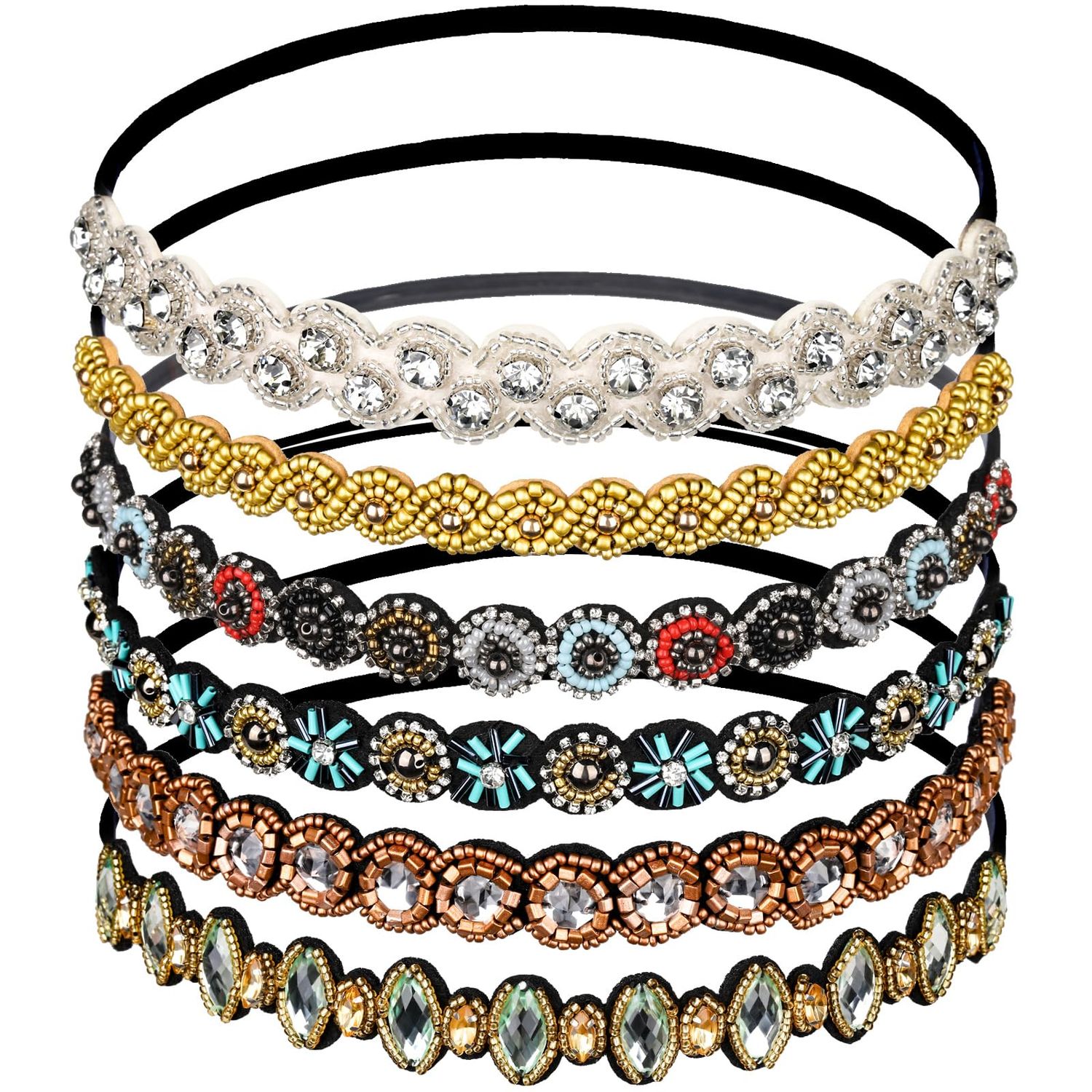 Teenitor 6pcs Rhinestone Beaded Headband, Elastic Jewelry Hair Bands for Lady Women Girl Hair Accessories 20-26.8&#39;&#39; Multicolor