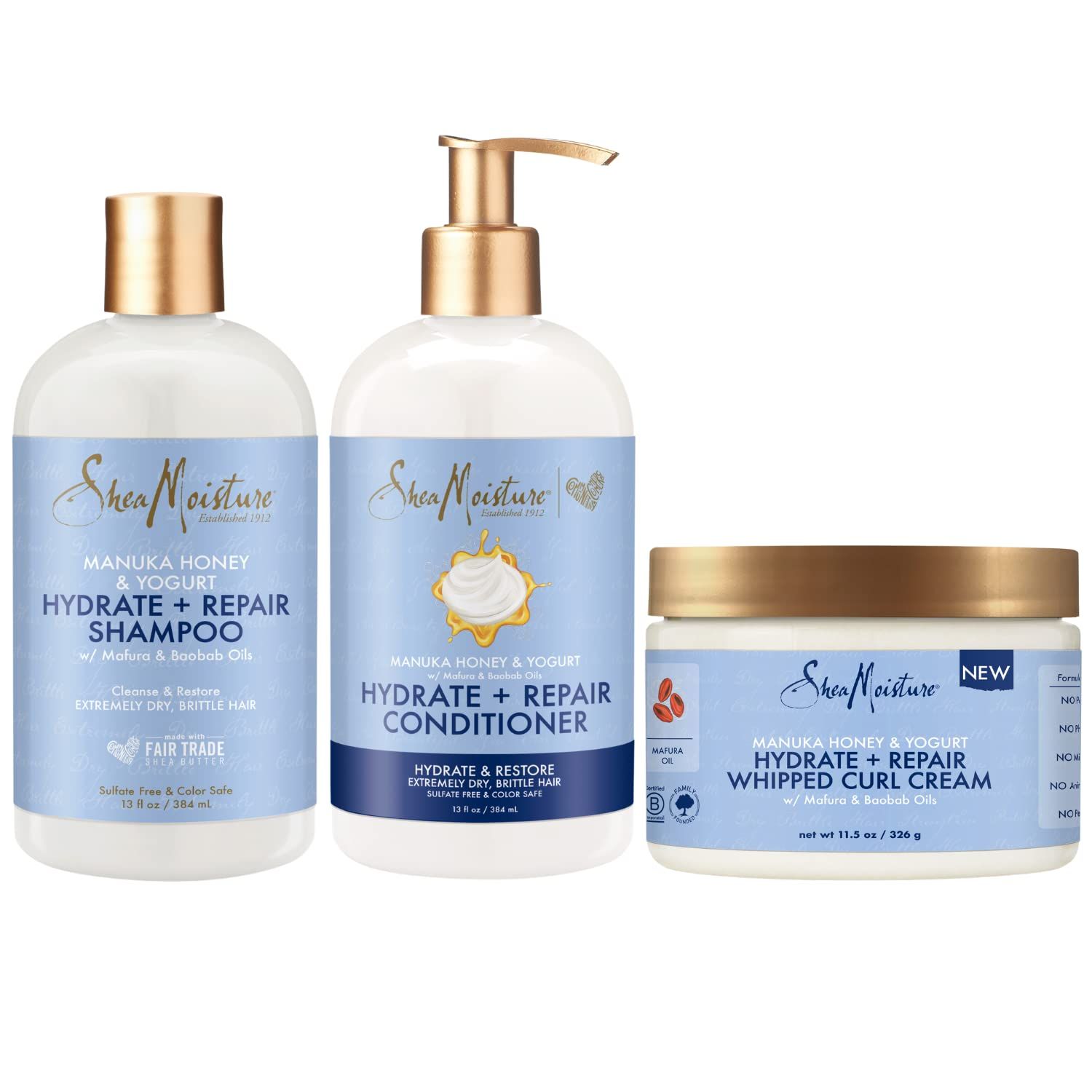 SheaMoisture Shampoo and Conditioner Set, Manuka Honey &amp; Yogurt (13 Oz Ea) + Whipped Curl Cream (11.5 Oz) 3pc Bundle, Hydrate and Repair Shampoo and Conditioner, Shea Moisture Curly Hair Products