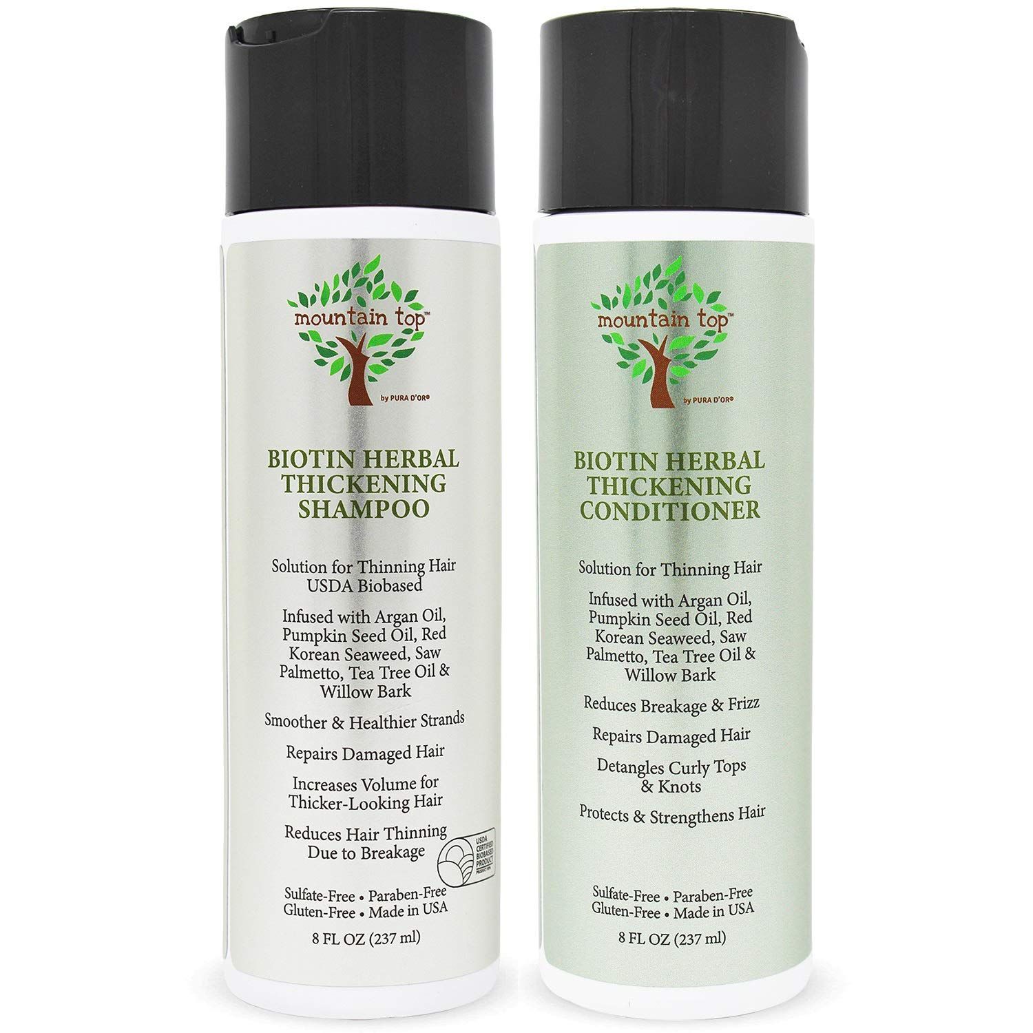 MOUNTAIN TOP Biotin Herbal Thickening Shampoo &amp; Conditioner Set (2 x 8oz) with Argan Oil, Pumpkin Seed Oil, Red Korean Seaweed, Saw Palmetto, Tea Tree Oil &amp; Willow Bark, Sulfate Free, All Hair Types