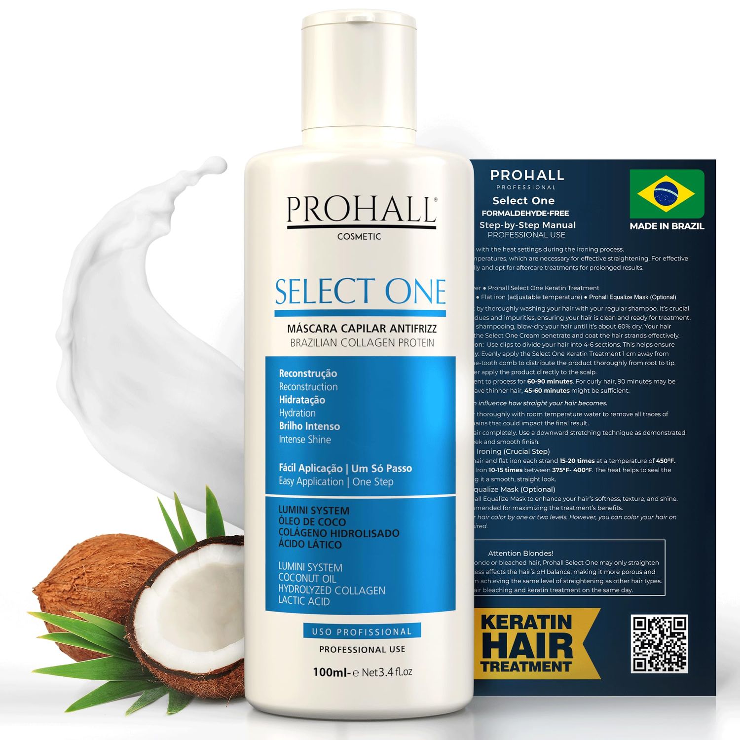 Brazilian Keratin Treatment Blowout Complex - PROHALL SELECT ONE 3.4oz/100ml - Formaldehyde Free Keratin Hair Treatment at Home - Queratina Brasilea Keratina Para Alisar el Pelo Sin Formol-White