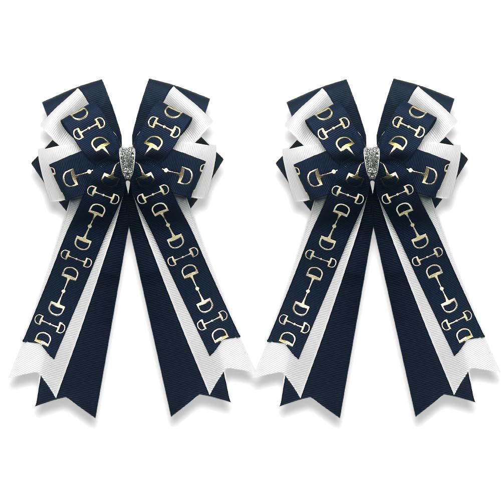 Anshome 2PCS Equestrian Hair Bows, Navy Blue Handmade Horse Bit Pattern Design, Adult Female Hair Accessories, 2 Count
