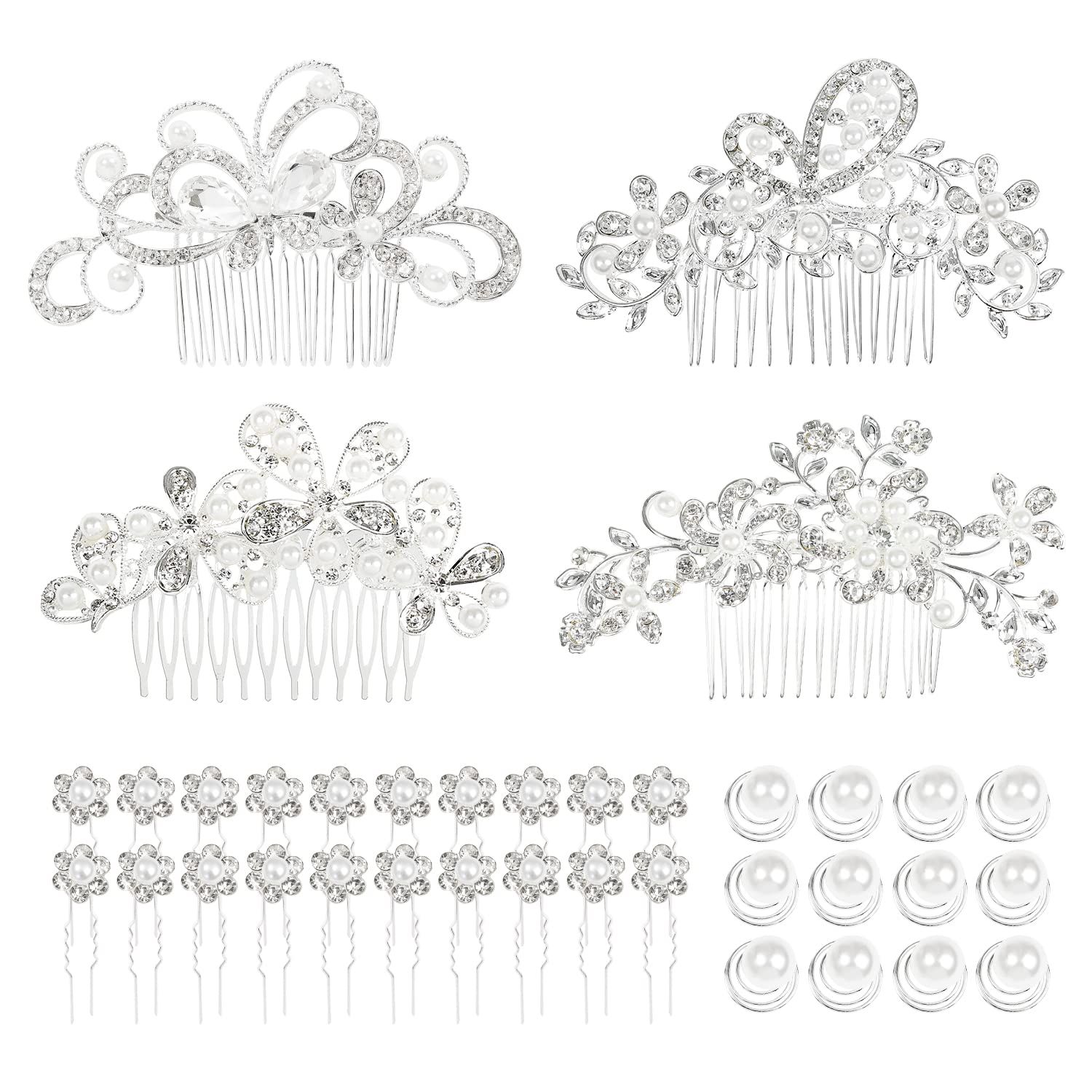 Cinaci 36 Pack Sparkly Silver Rhinestone Pearl Flower Butterfly Bridal Hair Side Combs+U-shaped &amp; Twist Crystal Hair Pins Clips Wedding Headpieces Prom Accessories for Women Girls Brides Bridesmaids
