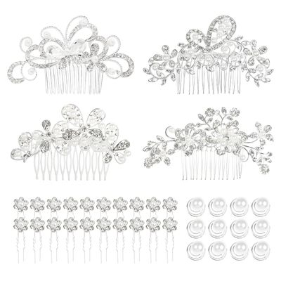 Cinaci 36 Pack Sparkly Silver Rhinestone Pearl Flower Butterfly Bridal Hair Side Combs+U-shaped &amp; Twist Crystal Hair Pins Clips Wedding Headpieces Prom Accessories for Women Girls Brides Bridesmaids
