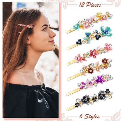 WILLBOND 12 Pieces Vintage Flower Hair Pins Women Barrette Bobby Pins Decorative Metal Gold Tone Hairpins Colorful Floral Design Hair Clips French Rhinestone Decorative Accessories for Women Girls