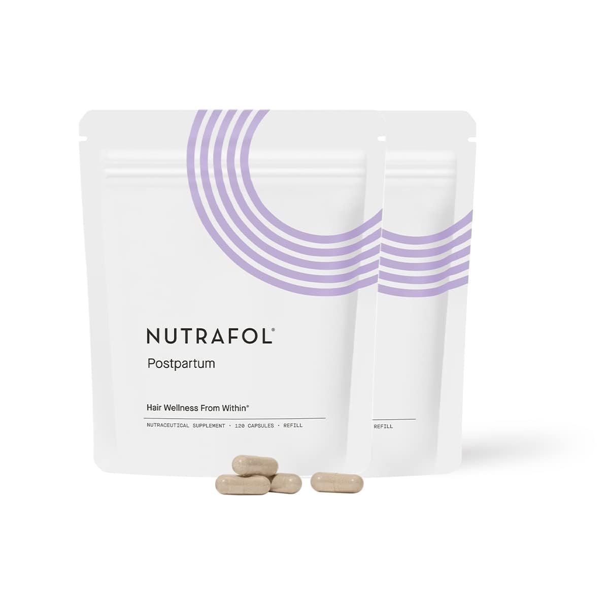 Nutrafol Postpartum Hair Growth Supplements, Clinically Tested for Visibly Thicker Hair and Less Shedding, Breastfeeding-Friendly - 2 Month Supply, 2 Refill Pouches