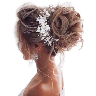 Unicra Flower Bride Wedding Hair Vine Pearl Bridal Hair Piece Leaf Hair Accessories Rhinestone Headband for Women and Girls (9inches) (Silver)
