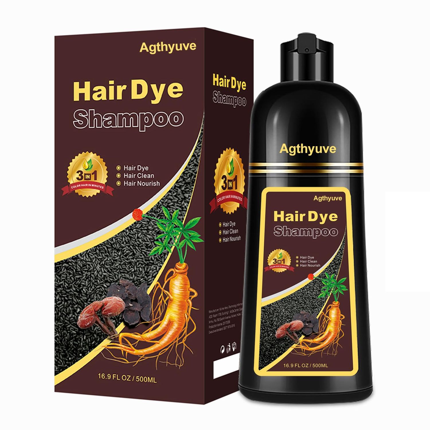 Agthyuve Hair Dye Shampoo 3 in 1, Dark Brown Hair Dye 16.9 FL Oz, Hair Shampoo, Semi-Permanent Hair Dye Shampoo, Lasts 30 Days Hair Color Shampoo (Dark Brown)