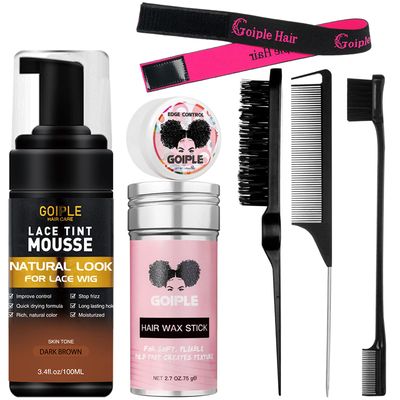 Lace Tint Hair Mousse for Wigs, Toupees &amp; Hairpieces - 3.4fl oz Natural Finishing Color with Wax Stick (Dark Brown)