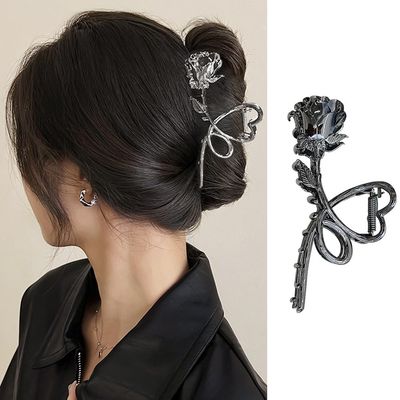 Flower Hair Claw Clips Metal Gunmetal Black Rose Hair Clips Large Heart Non-Slip Hair Jaw Clips for Women and Girls Trendy Hair Accessories Strong Hold Clamp Clips Hair Supplies for Thick/Thin Hair