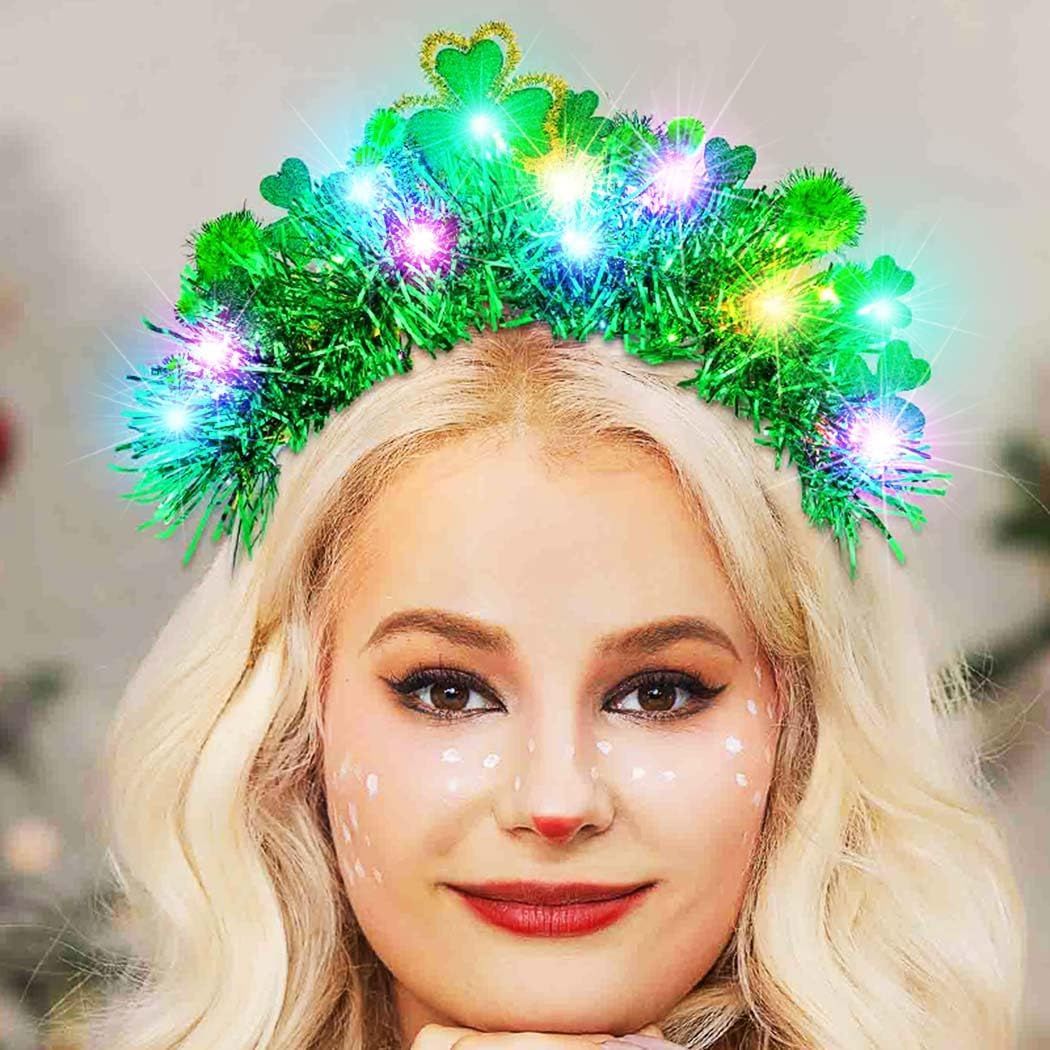 Bessney Light Up Patricks Day Headband Green Shamrock Headbands LED Lucky Clover Headpieces Saint Patricks Day Hair Accessories for Women