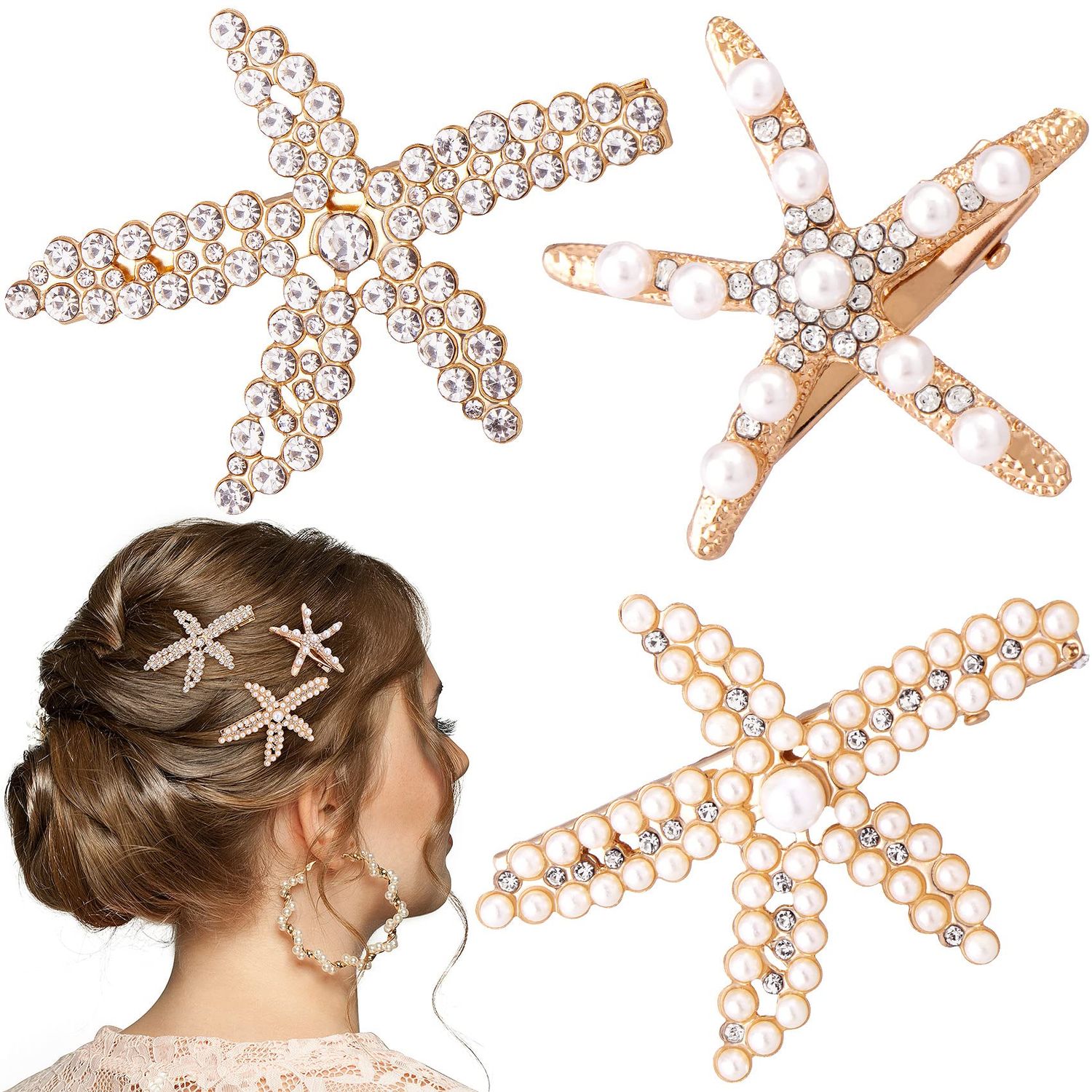 PAGOW 3 PCS Starfish Hair Clips, Gold Rhinestone Pearls Crystal Hair Clips, Sea Star Ponytail Holder, Faux Pearl Crystal Wedding Headpiece Hair Accessories For Women, Girls, Bride(1.73 x 2.48 Inch)