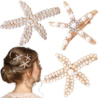 PAGOW 3 PCS Starfish Hair Clips, Gold Rhinestone Pearls Crystal Hair Clips, Sea Star Ponytail Holder, Faux Pearl Crystal Wedding Headpiece Hair Accessories For Women, Girls, Bride(1.73 x 2.48 Inch)