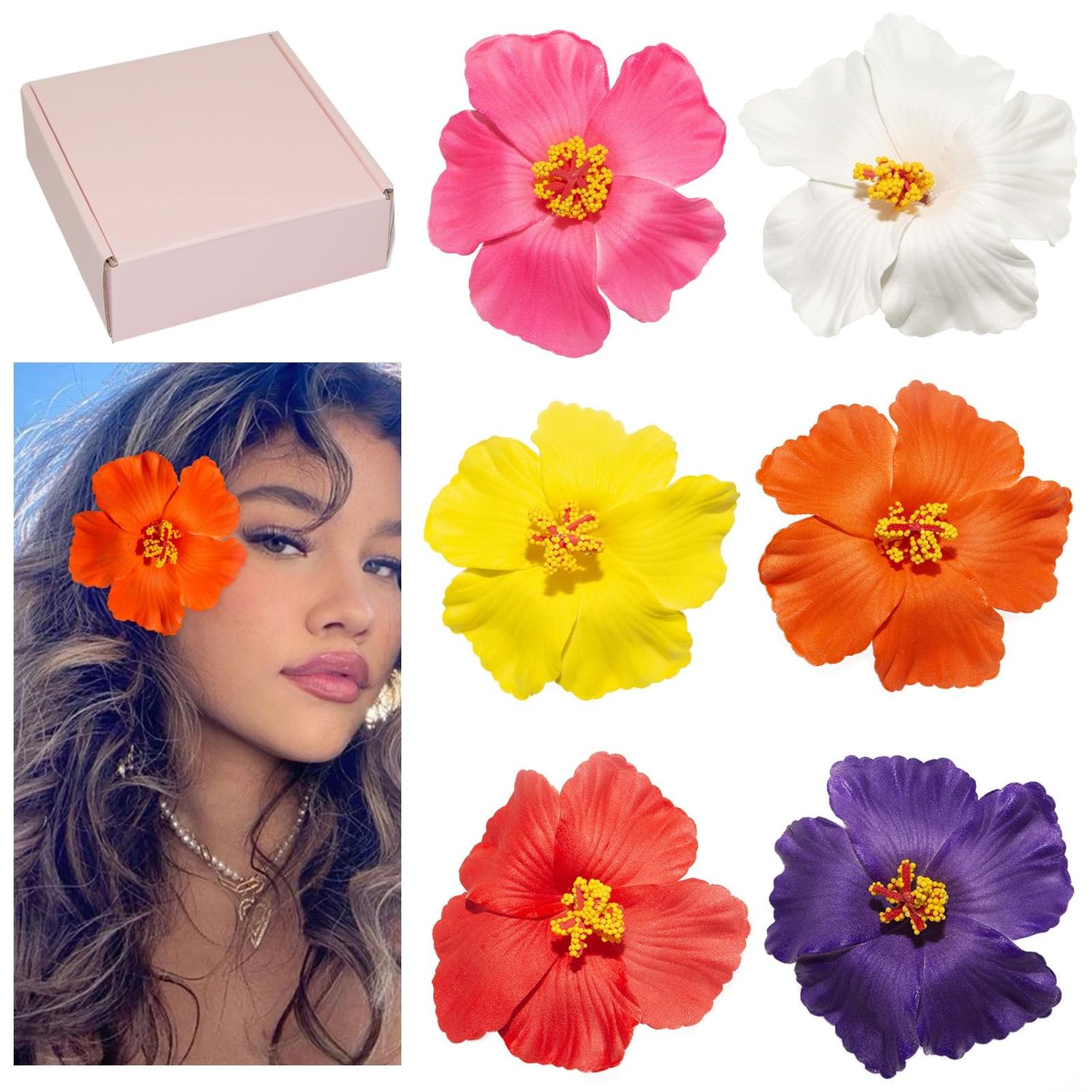 Generic Hawaiian Flower Hair Clips for Women, 6Pcs Plumeria Claw Clips for Think Thin Hair, 3.5 Inch Artificial Flower Clips for Vacation Beach Party (Hibiscus)