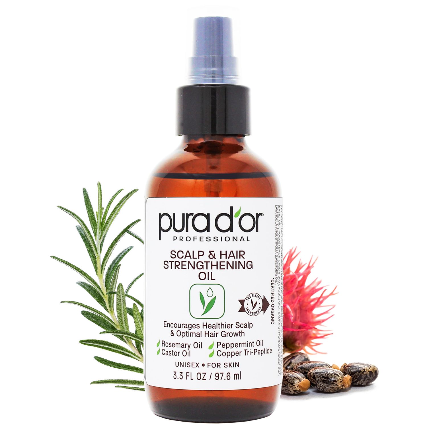 PURA D&#39;OR 3.3 Oz Scalp &amp; Hair Strengthening Oil - Supports Optimal Growth, Reduce Breakage, Nourish Roots for Healthier, Fuller, Thicker Hair - Rosemary, Castor &amp; Peppermint Oil for Stronger Strands