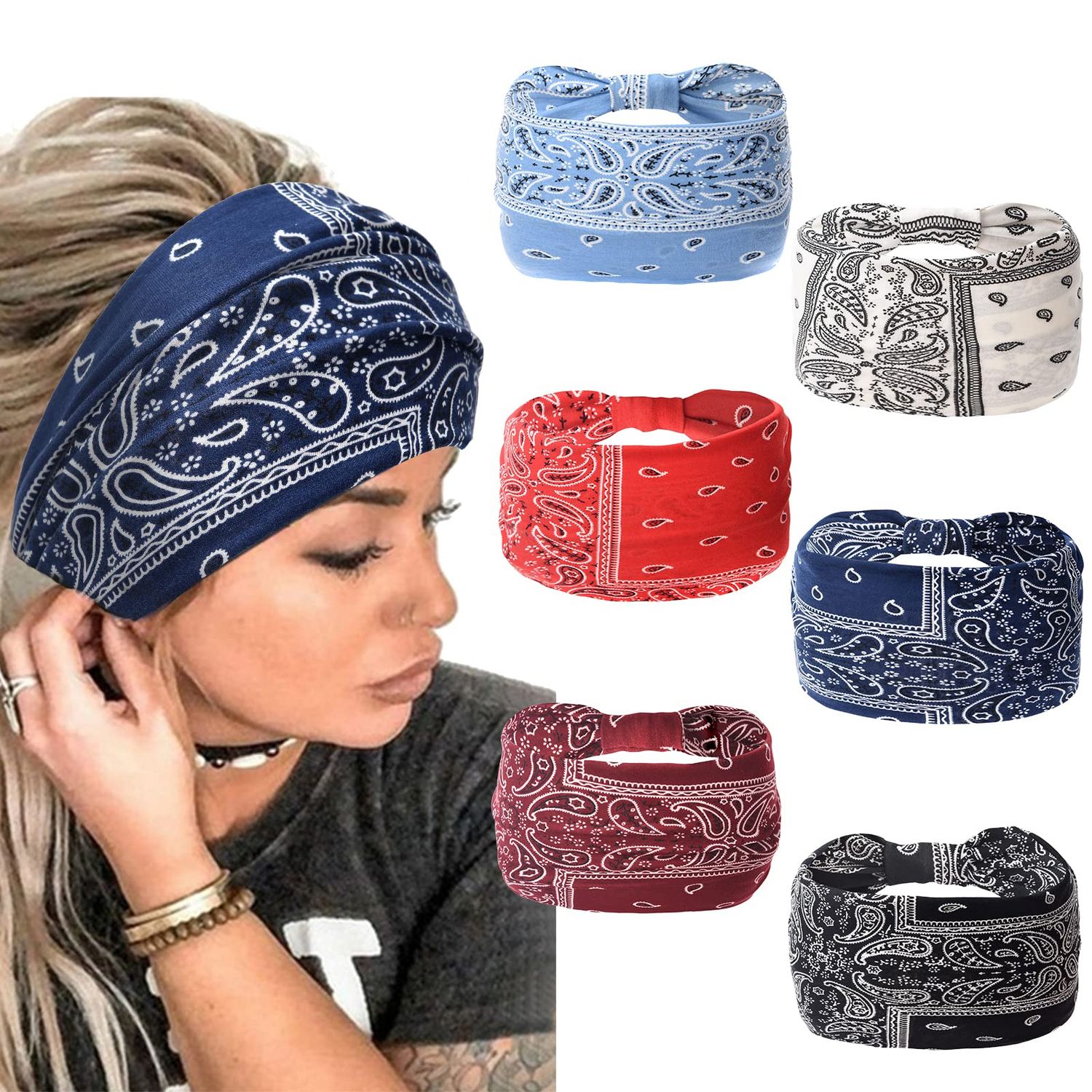 Yeshan Wide Bandana Headbands for Women Large Turban Headbands Stretch Knotted Head Wraps Floral Elastic Yoga Hair Bands Thick Headbands for Black Women and Girls