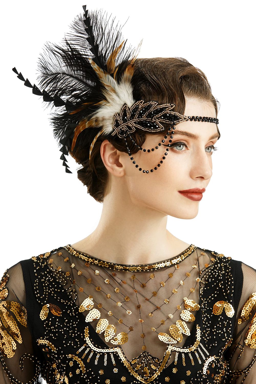 BABEYOND 1920s Headpiece Flapper Headband - Roaring 20&#39;s Sequined Showgirl Hair Band Black with Feather (Black)