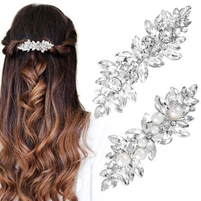 HINZIC 2Pcs Rhinestone Hair Clips Flower Hair Barrettes Crystal Pearl French Hairpins Hair Clip Sparkle Wedding Prom First Communion Accessories for Women Girls Bridal Thick Long Hair