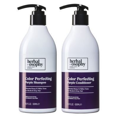 Herbalosophy Purple Shampoo &amp; Conditioner Set for Blonde Gray Hair, Eliminates Brassy and Yellow Tones, Infused with Cocos Nucifera Oil, Free of Sulfate, Parabens and Gluten, 2 x 16.9 Fl Oz