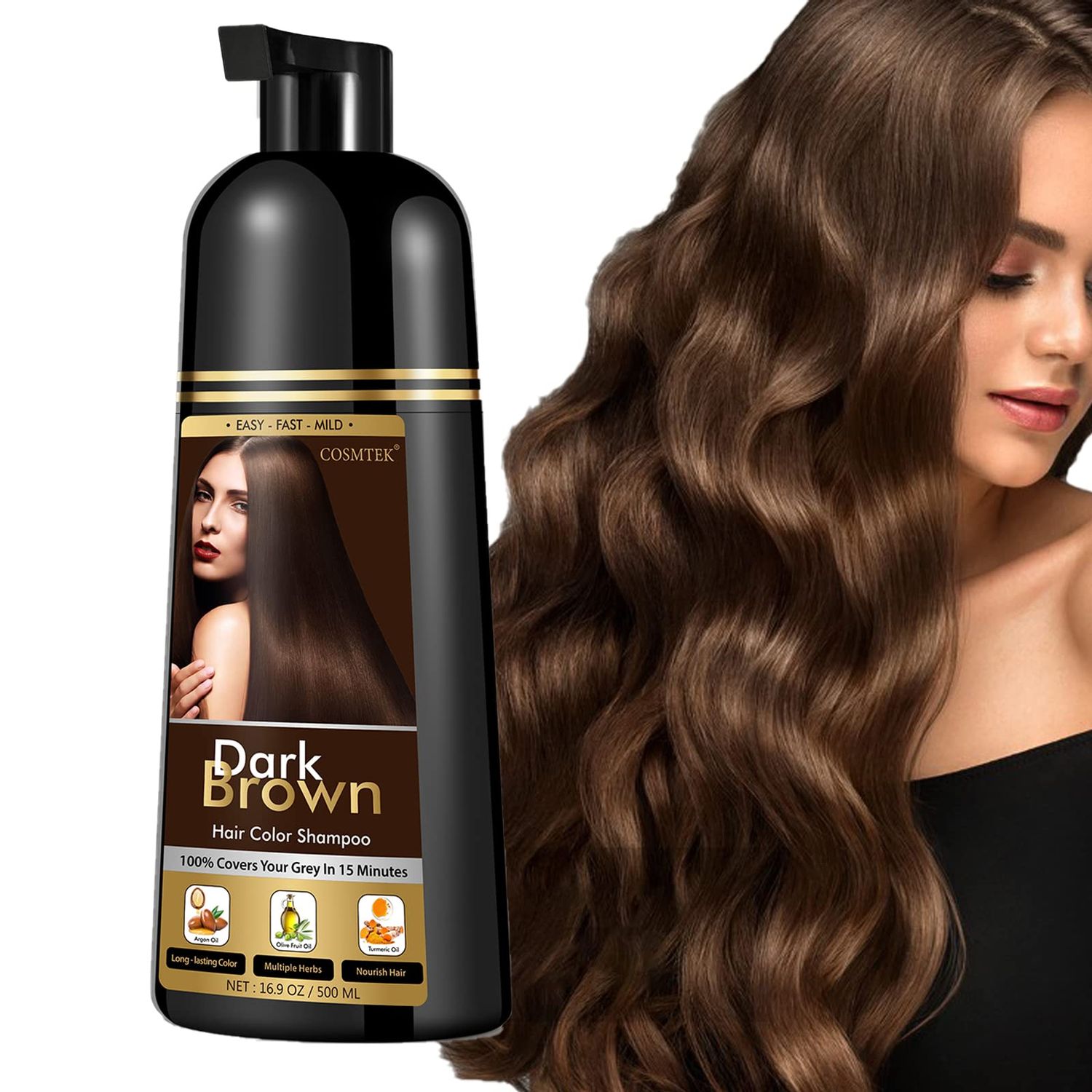 COSMTEK Dark Brown Hair Dye Shampoo for Gray Hair, Instant Natural Hair Color Shampoo for Women &amp; Man, 3-In-1 &amp; Semi-Permanent, Herbal Ingredients &amp; Ammonia-Free, Fast Acting and Long Lasting