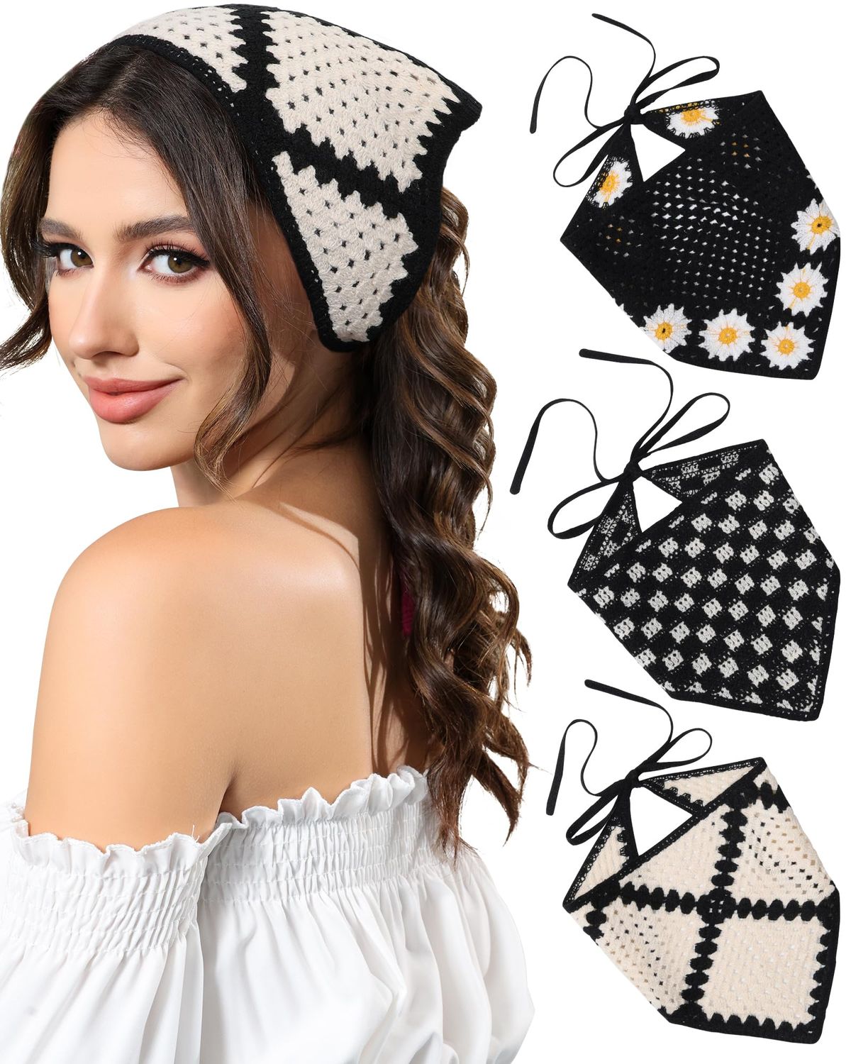 AWAYTR Crochet Head Scarf Hair Bandanas for Women Knit Bandana Headband Scarf Tie-Back Head Coverings Floral Headscarf for Girls (Black)