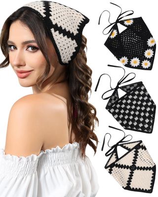 AWAYTR Crochet Head Scarf Hair Bandanas for Women Knit Bandana Headband Scarf Tie-Back Head Coverings Floral Headscarf for Girls (Black)