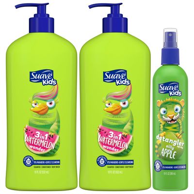 Suave Kids Shampoo &amp; Conditioner 3-in-1, Watermelon Wonder 2-Pack + Detangler Spray for Kids, Silly Apple, Dermatologist-Tested &amp; Tear Free