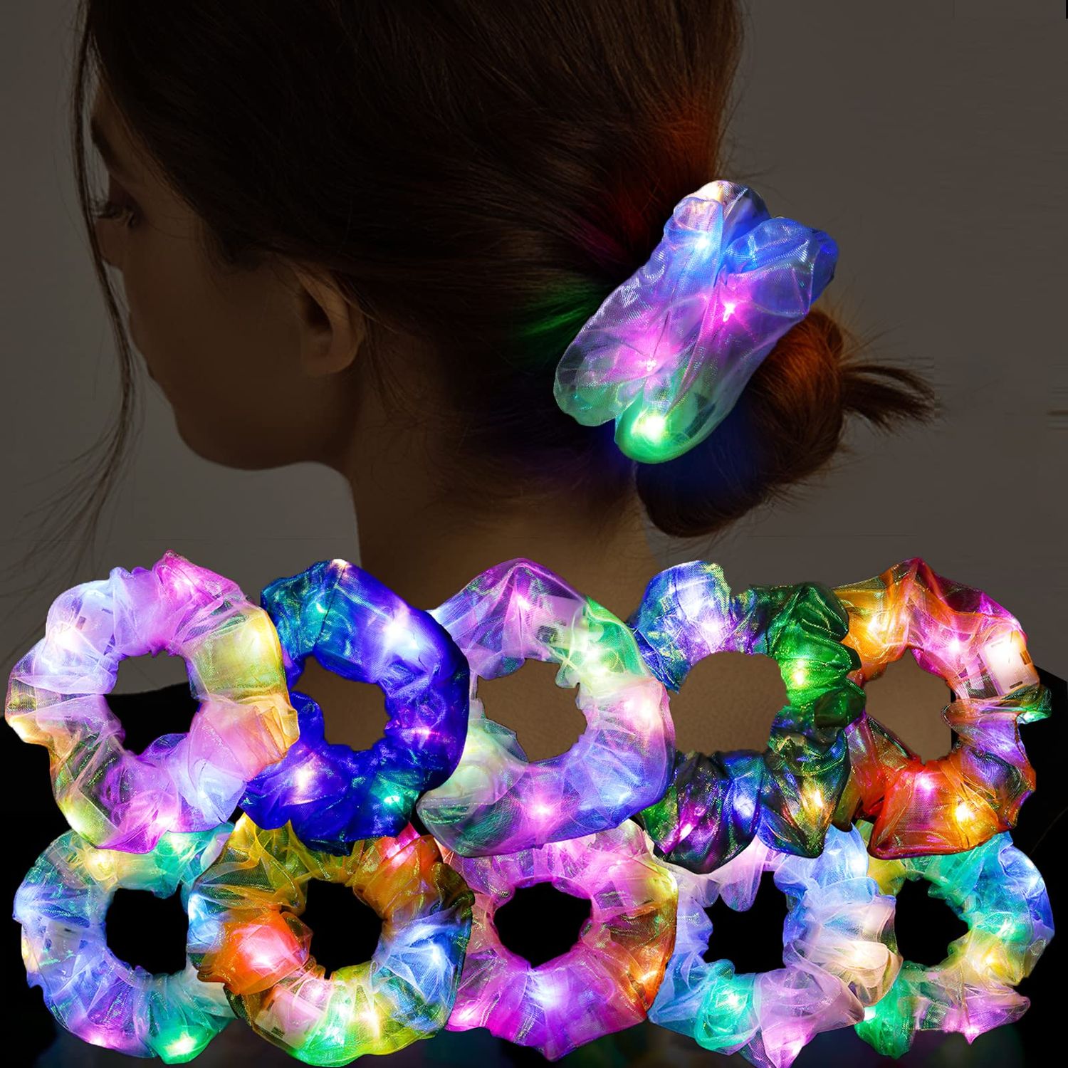 10Pcs LED Light Hair Scrunchies for Girls - Glow in the dark Hair Scrunchies, Light Up Scrunchy Hair Ties for Women, Glow Mermaid Party favors Supplies Rave Neon Accessories Festival Christmas