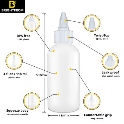 BRIGHTFROM Twist Top Applicator Bottles, Squeeze 4 OZ Empty Plastic Bottles, Refillable, Open/Close Nozzle - Multi Purpose (Pack of 2)