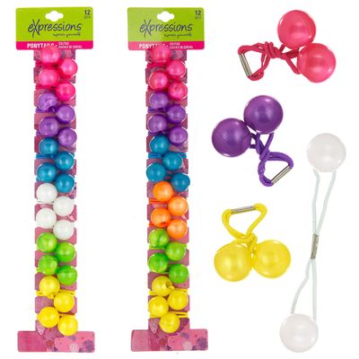 Expressions 24 Pc Ponytail Ball Hair Elastics Collection,Brightly Colored Marble Finish Twin Bead Ponytail Balls For Girls And Toddlers