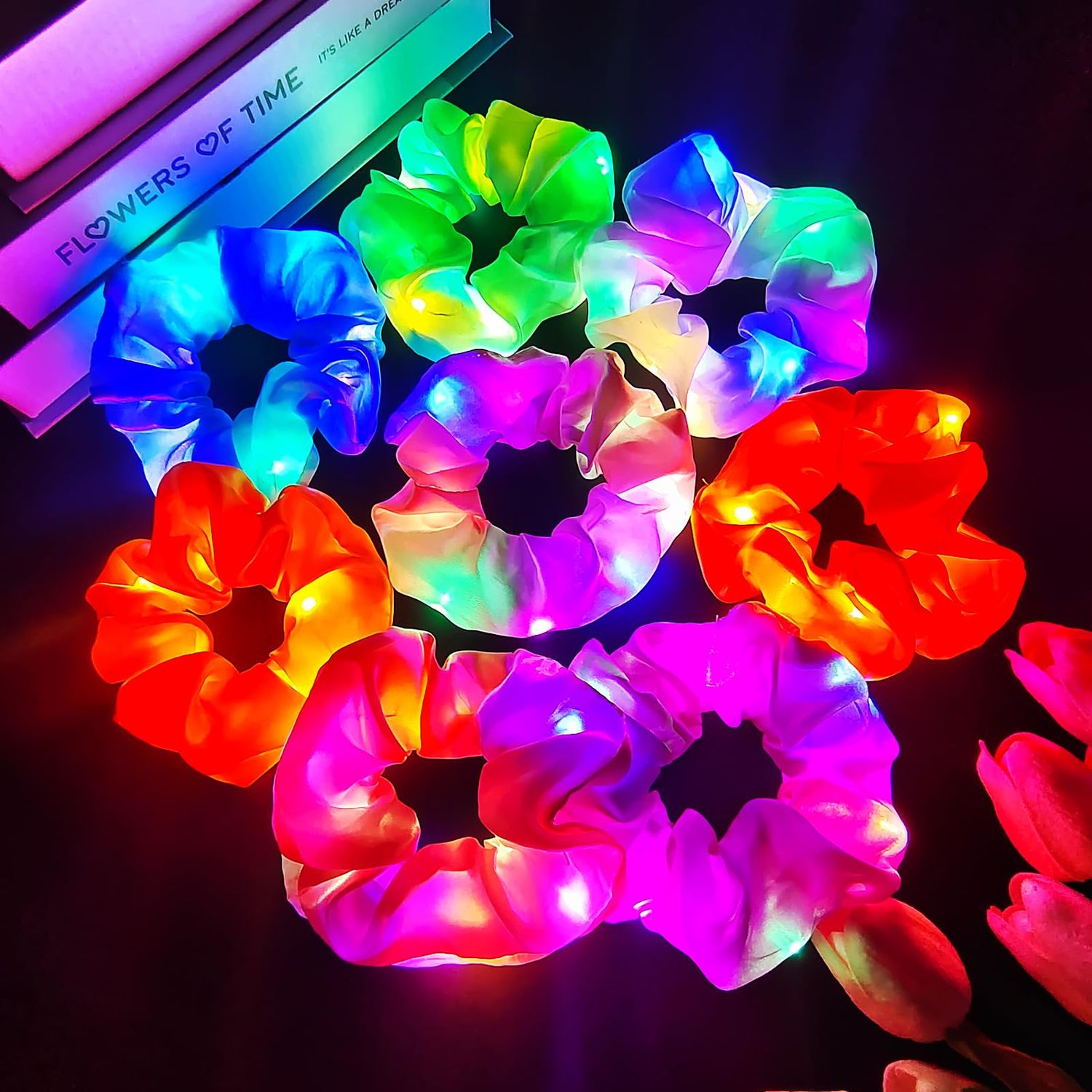 8PCS Light up Scrunchies for Girls, Glow in the Dark Party Supplies, 3 Glow Mode Satin Scrunchy, LED Hair Accessories for Birthday Party, Rave Party, Festival &amp; Sleepover Party