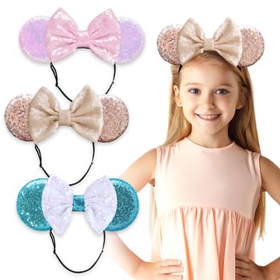 SAMARKAND Sequin Bow Mouse Ears Headbands, 3PCS Shiny Glitter - Elastic and Adjustable Headache-Free Headbands for Girls and Women (Princess)